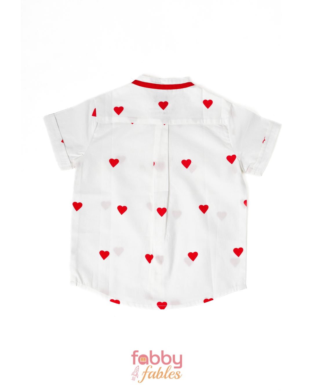 White cotton shirt with red heart patterns